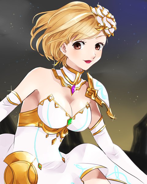 Anime picture 1024x1280 with granblue fantasy knights of glory gita (granblue fantasy) the glory onigeeeeri single tall image looking at viewer blush fringe short hair breasts open mouth light erotic blonde hair smile large breasts brown eyes cleavage sparkle