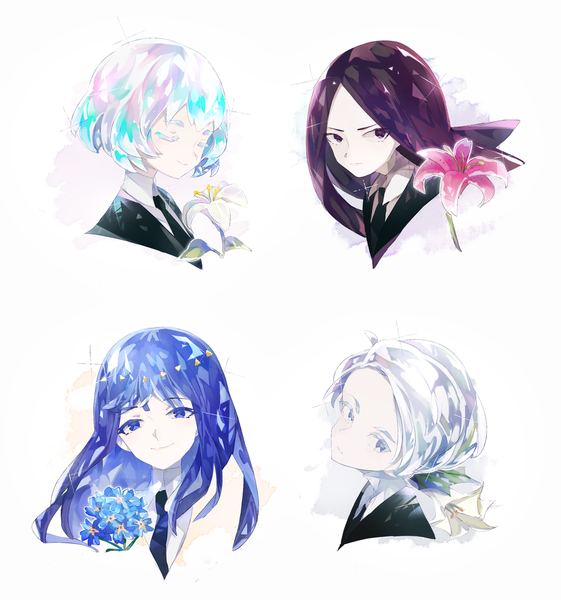 Anime picture 1000x1069 with houseki no kuni diamond (houseki no kuni) bort lapis lazuli (houseki no kuni) cairngorm (houseki no kuni) captain yue long hair tall image looking at viewer short hair blue eyes simple background smile white background blue hair silver hair purple hair eyes closed black eyes multiview