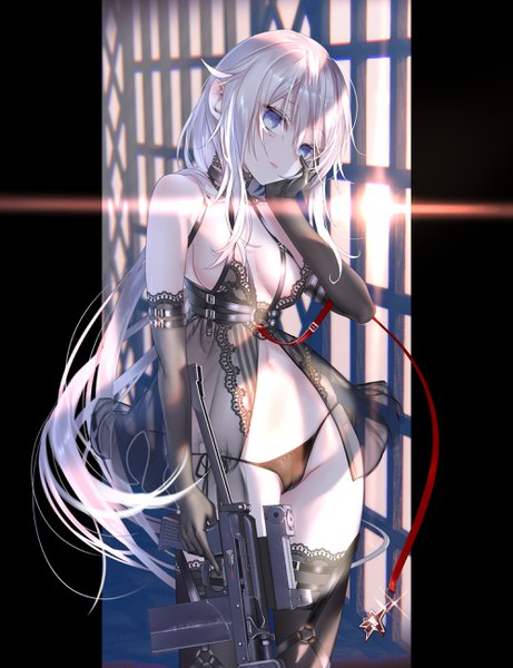 Anime picture 2000x2600 with girls frontline 9a-91 (girls frontline) pottsness single long hair tall image looking at viewer blush fringe highres breasts blue eyes light erotic hair between eyes standing holding silver hair parted lips head tilt arm up