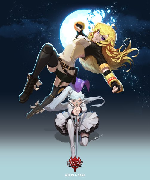 Anime picture 5328x6369 with rwby rooster teeth weiss schnee yang xiao long uyalago long hair tall image looking at viewer fringe highres breasts blue eyes blonde hair smile hair between eyes purple eyes multiple girls signed absurdres sky