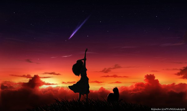 Anime picture 1350x800 with original kijineko long hair wide image standing signed cloud (clouds) from behind sunlight night arms up night sky outstretched arm watermark evening sunset silhouette shooting star girl dress