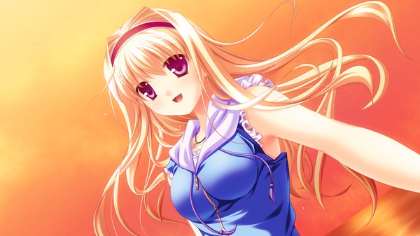 Anime picture 1024x576 with fortuna rhapsody long hair open mouth blonde hair wide image game cg pink eyes evening sunset girl hairband
