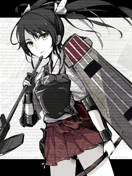 Anime picture 1500x2000 with kantai collection zuikaku aircraft carrier minato (shouno) single long hair tall image looking at viewer black hair twintails yellow eyes text sketch girl skirt weapon miniskirt armor bow (weapon)