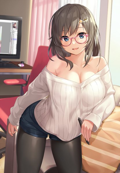 Anime picture 1107x1600 with original sawada yuusuke single long hair tall image looking at viewer blush fringe breasts blue eyes smile hair between eyes brown hair large breasts bare shoulders holding cleavage indoors off shoulder casual