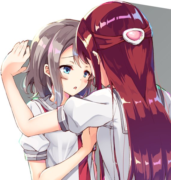 Anime picture 800x842 with love live! sunshine!! sunrise (studio) love live! sakurauchi riko watanabe you syuurin long hair tall image blush short hair open mouth blue eyes simple background multiple girls red hair grey hair arm support shoujo ai half updo face to face