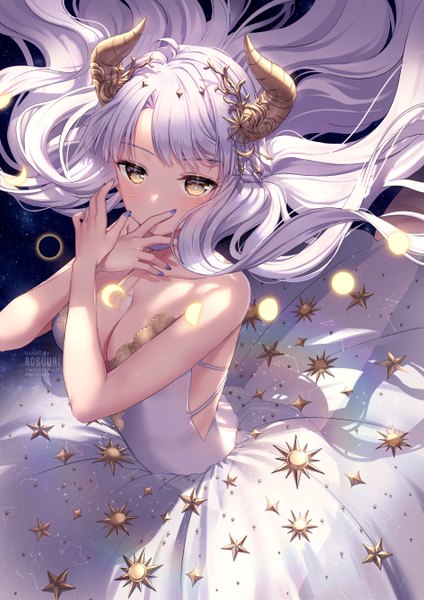 Anime picture 950x1344 with original rosuuri single long hair tall image looking at viewer blush fringe light erotic bare shoulders signed yellow eyes cleavage white hair nail polish horn (horns) floating hair watermark covered mouth crescent