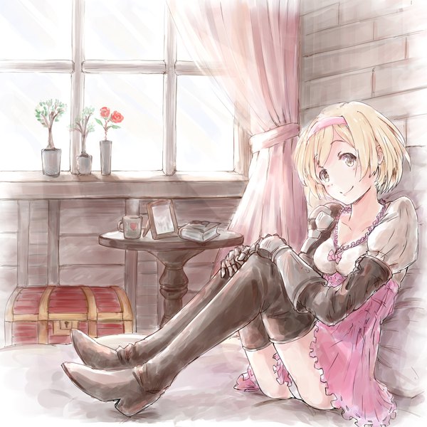 Anime picture 4092x4092 with granblue fantasy gita (granblue fantasy) rizuki suwoto single looking at viewer fringe highres short hair breasts light erotic blonde hair smile sitting brown eyes absurdres full body bent knee (knees) ass indoors head tilt