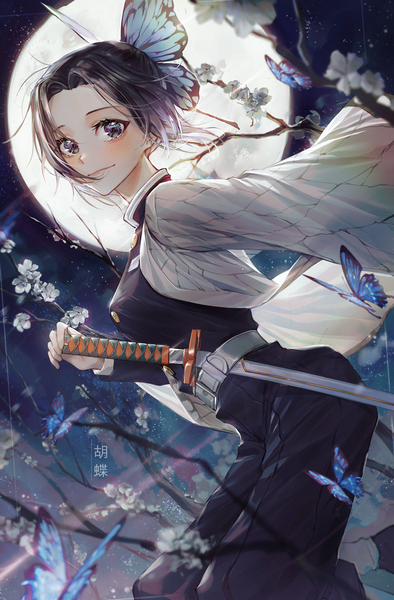 Anime picture 1748x2660 with kimetsu no yaiba ufotable kochou shinobu kellymonica02 single tall image looking at viewer blush fringe highres short hair breasts black hair smile standing purple eyes outdoors traditional clothes japanese clothes wind