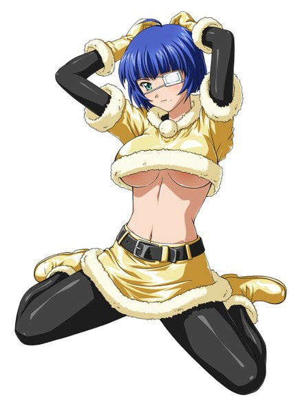 Anime picture 1024x1463 with ikkitousen ryomou shimei single tall image blush short hair blue eyes light erotic simple background white background green eyes blue hair midriff girl skirt gloves navel boots eyepatch