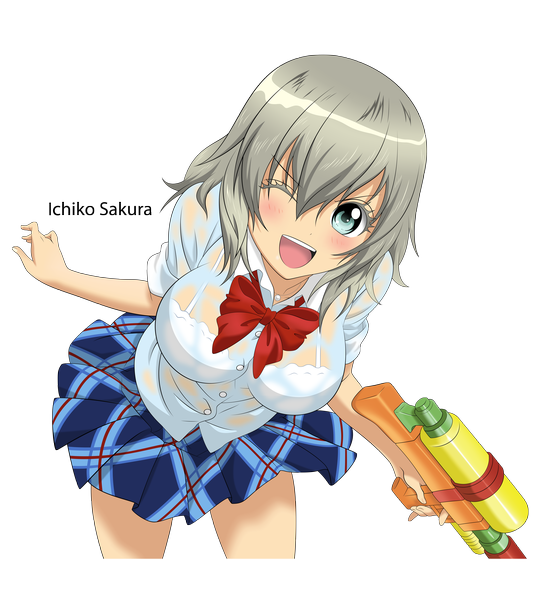 Anime picture 10000x11084 with binbougami ga! sakura ichiko drelyt-tylerd single tall image blush highres short hair open mouth blue eyes light erotic absurdres pleated skirt one eye closed grey hair wink transparent background vector incredibly absurdres girl