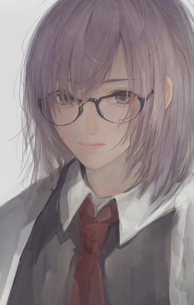 Anime picture 807x1269 with fate (series) fate/grand order mash kyrielight marumoru single tall image looking at viewer fringe short hair purple eyes purple hair upper body grey background expressionless girl glasses necktie