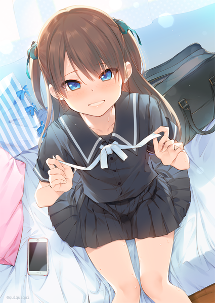 Anime picture 708x1000 with original iku ki single long hair tall image looking at viewer blush blue eyes smile brown hair sitting indoors pleated skirt from above two side up grin looking up girl skirt uniform