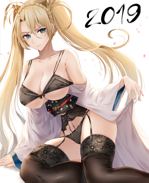 Anime picture 1000x1229 with fate (series) fate/grand order bradamante (fate/grand order) nicky w single long hair tall image looking at viewer fringe breasts blue eyes light erotic simple background blonde hair hair between eyes large breasts white background sitting cleavage bent knee (knees)