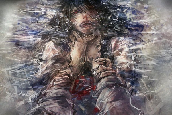 Anime picture 1000x672 with original 317/miiina (pixiv) single long hair fringe open mouth black hair red eyes lips glowing glowing eye (eyes) choking girl shirt water blood bubble (bubbles)