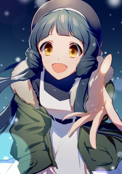 Anime-Bild 700x1000 mit idolmaster idolmaster million live! kitakami reika asd13 single long hair tall image looking at viewer fringe open mouth black hair brown eyes blunt bangs open jacket fur trim snowing outstretched hand girl jacket fur