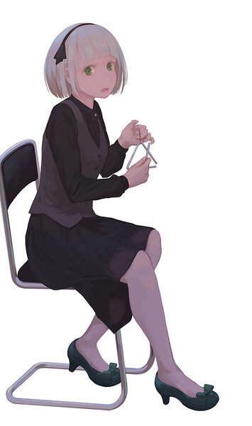 Anime picture 650x1098 with touhou konpaku youmu jq single tall image looking at viewer fringe short hair open mouth simple background white background sitting holding green eyes silver hair full body blunt bangs long sleeves alternate costume bob cut