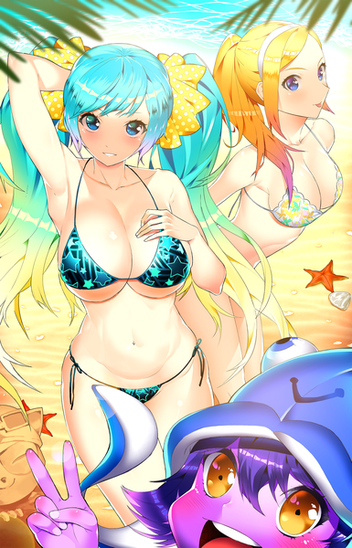 Anime picture 1285x2000 with league of legends sona buvelle lux (league of legends) lulu (league of legends) teemo (league of legends) pool party lulu ddoalo long hair tall image blush fringe breasts open mouth blue eyes light erotic blonde hair hair between eyes large breasts standing twintails