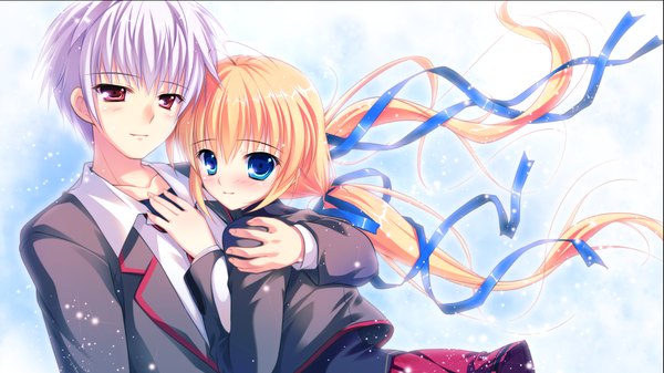 Anime picture 2560x1440 with manatsu no yoru no yuki monogatari kagamatsuri mana mikeou long hair highres short hair blue eyes blonde hair red eyes wide image game cg white hair couple girl boy uniform ribbon (ribbons) hair ribbon school uniform