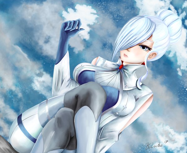 Anime picture 1579x1293 with rwby rooster teeth winter schnee klocko single long hair fringe breasts blue eyes light erotic large breasts sitting bare shoulders signed silver hair cloud (clouds) hair over one eye hair bun (hair buns) dutch angle crossed legs