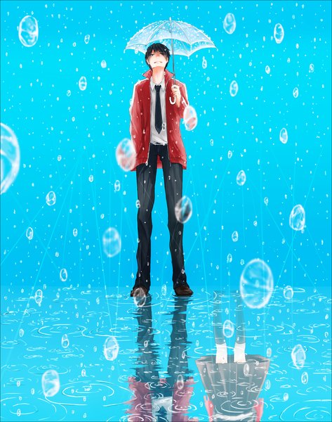Anime picture 1200x1520 with kagerou project shaft (studio) tateyama ayano kisaragi shintarou kokeshi ya tall image looking at viewer fringe short hair black hair simple background holding hair over one eye open clothes open jacket looking up rain hand in pocket transparent umbrella different reflection