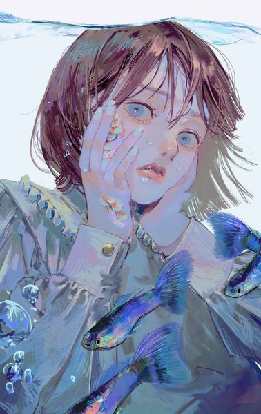 Anime picture 2580x4094 with original bedr2221 single tall image looking at viewer highres short hair blue eyes brown hair signed nail polish lips twitter username underwater hands on face white nail polish girl animal fish (fishes) scales