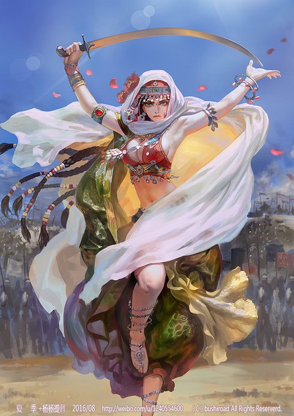 Anime picture 827x1169 with xiaji long hair tall image looking at viewer breasts standing braid (braids) traditional clothes wind arms up bare belly armpit (armpits) midriff grey eyes standing on one leg leg lift (legs lift) army girl flower (flowers) earrings