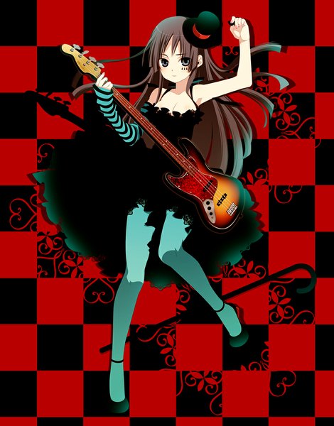 Anime picture 865x1103 with k-on! kyoto animation akiyama mio 8055 single long hair tall image looking at viewer brown hair full body black eyes checkered background don't say "lazy" girl dress hat pantyhose black dress musical instrument guitar