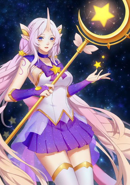 Anime picture 1240x1754 with league of legends soraka (league of legends) kezi single tall image looking at viewer blonde hair purple eyes twintails payot pink hair very long hair parted lips pleated skirt pink eyes multicolored hair horn (horns) pointy ears night tattoo