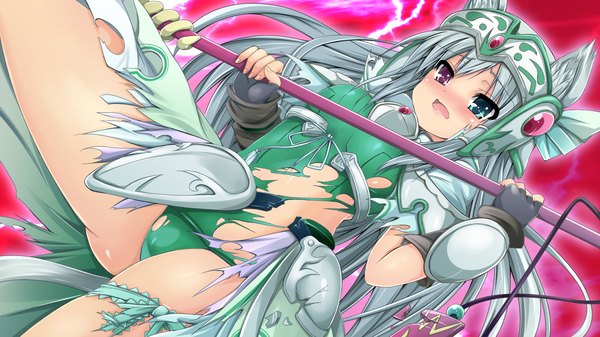 Anime picture 1280x720 with sangoku hime unicorn-a long hair blush open mouth light erotic wide image animal ears game cg silver hair heterochromia torn clothes girl weapon
