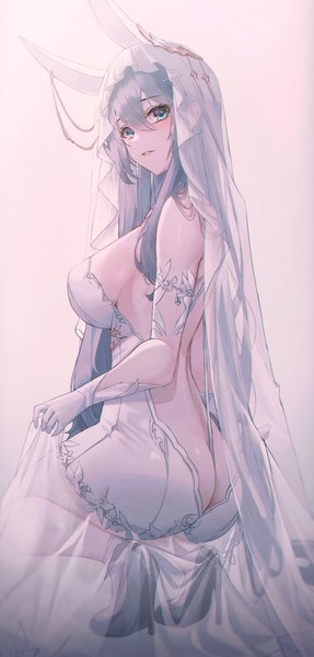 Anime picture 2869x6000 with azur lane new jersey (azur lane) new jersey (snow-white ceremony) (azur lane) domi (hyaku8795) single tall image looking at viewer blush fringe highres breasts blue eyes light erotic simple background hair between eyes large breasts animal ears blue hair full body ass