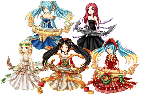Anime picture 1433x972 with league of legends sona buvelle urusai-baka long hair looking at viewer fringe short hair blue eyes black hair blonde hair red eyes white background twintails yellow eyes red hair one eye closed multicolored hair wink hair over one eye girl