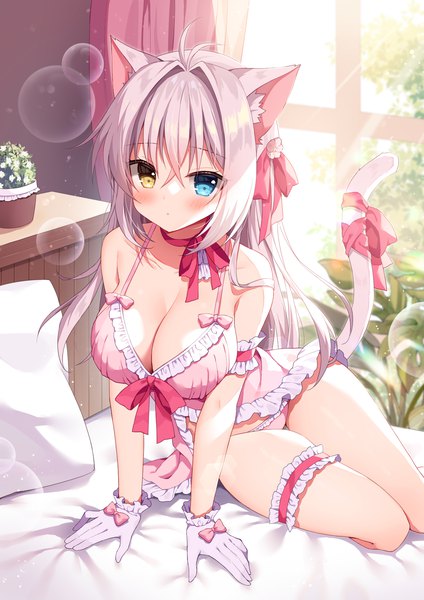 Anime picture 1273x1800 with original aina rive mauve single long hair tall image looking at viewer blush fringe breasts blue eyes light erotic hair between eyes large breasts sitting animal ears yellow eyes payot silver hair ahoge