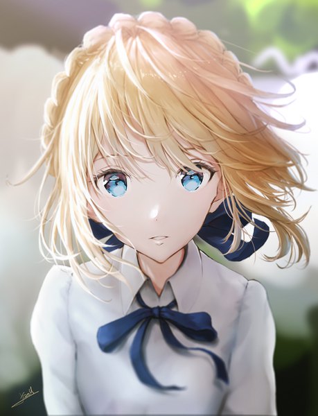Anime picture 984x1285 with fate (series) fate/stay night artoria pendragon (all) saber ojay tkym jizell single tall image looking at viewer fringe short hair open mouth blue eyes blonde hair hair between eyes signed upper body braid (braids) parted lips wind