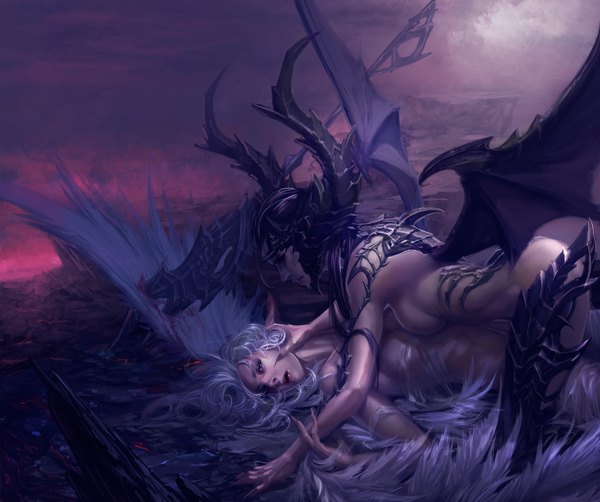 Anime picture 1500x1256 with xiaobotong long hair breasts open mouth light erotic black hair multiple girls white hair lying horn (horns) fingernails pointy ears realistic lipstick demon girl long fingernails angel wings demon wings angry rock
