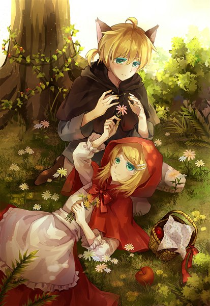 Anime picture 757x1100 with little red riding hood vocaloid kagamine rin kagamine len magicpants tall image blush fringe short hair blonde hair smile sitting animal ears ahoge ponytail lying aqua eyes on back cosplay twins