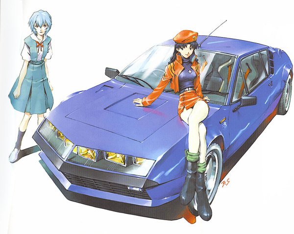 Anime picture 1373x1094 with neon genesis evangelion gainax ayanami rei katsuragi misato sadamoto yoshiyuki ground vehicle car