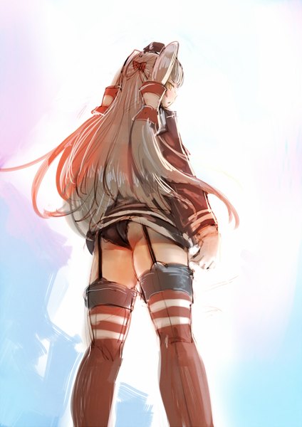 Anime picture 1200x1696 with kantai collection amatsukaze destroyer bow (bhp) single long hair tall image light erotic silver hair ass looking back from behind from below orange eyes two side up girl thighhighs dress hair ornament underwear panties