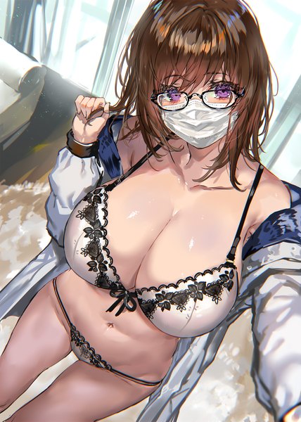 Anime picture 1426x2000 with original ranou single tall image looking at viewer fringe short hair breasts light erotic smile hair between eyes brown hair standing purple eyes cleavage indoors head tilt from above off shoulder open jacket