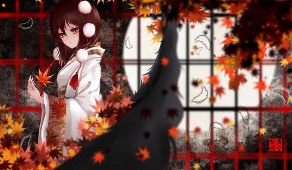 Anime picture 1800x1050 with touhou shameimaru aya dusk/dawn single blush highres short hair brown hair wide image brown eyes japanese clothes profile brown background girl plant (plants) tree (trees) kimono