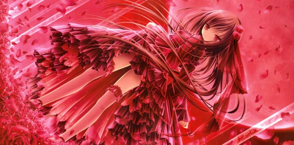 Anime picture 2691x1335 with original tinker bell single long hair highres red eyes wide image loli zettai ryouiki red moon girl thighhighs dress flower (flowers) petals moon