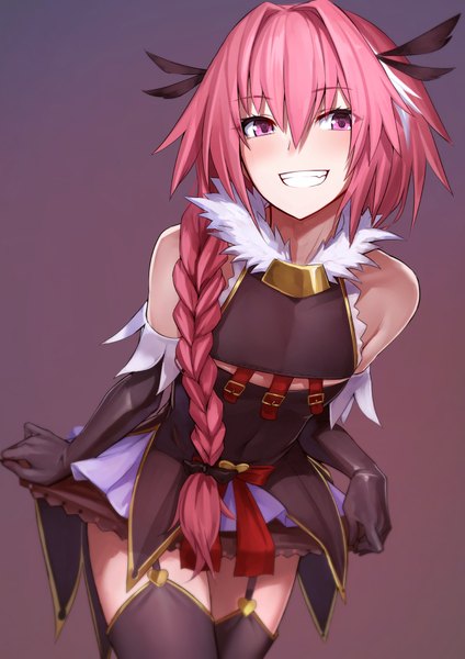 Anime picture 707x1000 with fate (series) fate/apocrypha astolfo (fate) shijiu (adamhutt) single long hair tall image looking at viewer blush fringe simple background smile hair between eyes bare shoulders pink hair white hair braid (braids) pink eyes multicolored hair two-tone hair