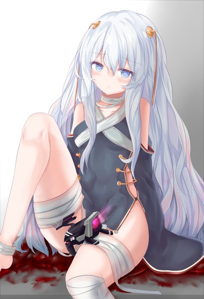 Anime picture 2800x4100 with girls frontline dinergate (girls frontline) ribeyrolles 1918 (girls frontline) ru zhai single long hair tall image looking at viewer blush fringe highres blue eyes light erotic simple background hair between eyes sitting bare shoulders payot silver hair arm support