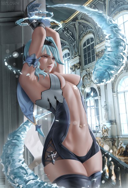 Anime picture 2400x3500 with genshin impact eula lawrence melowh single tall image fringe highres short hair breasts light erotic large breasts standing brown eyes signed looking away indoors realistic aqua hair arms up armpit (armpits)