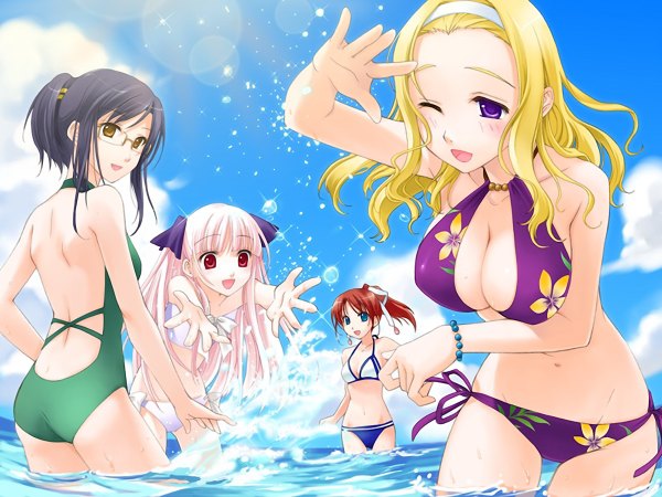 Anime picture 1200x900 with long hair breasts blue eyes light erotic blonde hair red eyes purple eyes twintails yellow eyes pink hair sky ponytail red hair one eye closed wink beach swimsuit bikini glasses white bikini