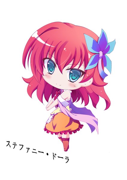 Anime picture 1024x1448 with no game no life madhouse stephanie dora feijitian single long hair tall image looking at viewer blush simple background smile standing white background bare shoulders red hair hair flower aqua eyes inscription chibi girl