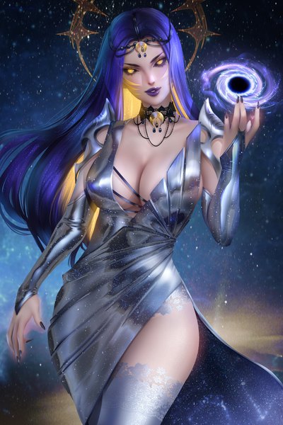 Anime picture 4800x7200 with original ayyasap single long hair tall image looking at viewer highres breasts light erotic large breasts standing signed yellow eyes blue hair absurdres cleavage purple hair outdoors nail polish parted lips