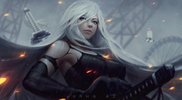 Anime picture 1455x800 with nier nier:automata yorha type a no. 2 pod (nier:automata) guweiz long hair looking at viewer fringe breasts blue eyes hair between eyes wide image large breasts cloud (clouds) upper body white hair wind lips realistic mole