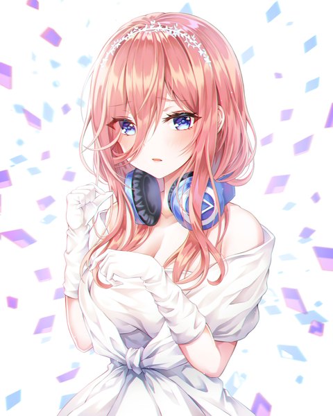 Anime picture 1802x2251 with go-toubun no hanayome nakano miku myless single long hair tall image looking at viewer blush fringe highres breasts open mouth blue eyes simple background hair between eyes standing white background bare shoulders pink hair cleavage