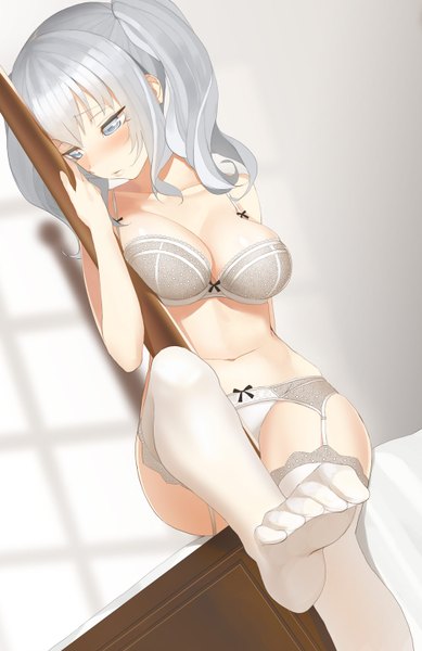 Anime picture 1000x1542 with kantai collection kashima training cruiser throtem single long hair tall image blush breasts blue eyes light erotic twintails looking away grey hair legs underwear only girl thighhighs navel underwear panties
