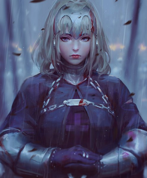 Anime picture 900x1091 with fate (series) fate/apocrypha jeanne d'arc (fate) (all) jeanne d'arc (fate) guweiz single tall image looking at viewer fringe short hair blue eyes blonde hair upper body lips realistic portrait rain hands clasped serious bloody clothes
